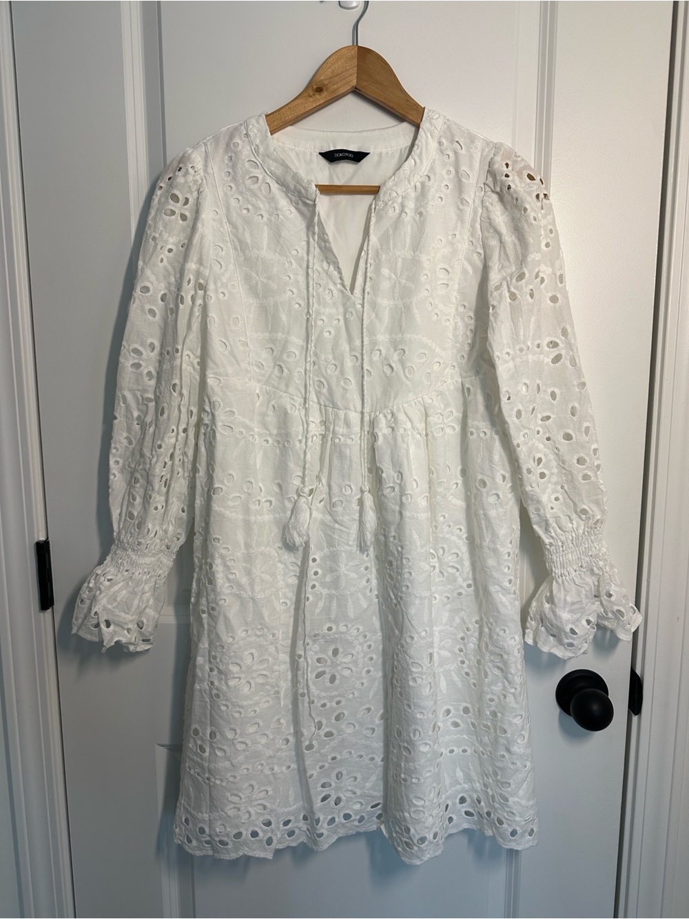 Dokotoo Women’s Eyelet Long-Sleeve Knee Length Peasant Dress White S